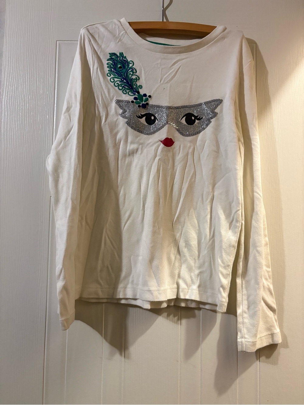 Gymboree White Long Sleeve Mask Face Top with Teal Feather